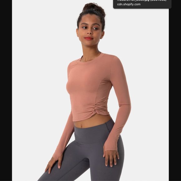 HALARA Crew Neck Thumb Hole Side Ruched Cropped Sports Top Size Large - Picture 2 of 6